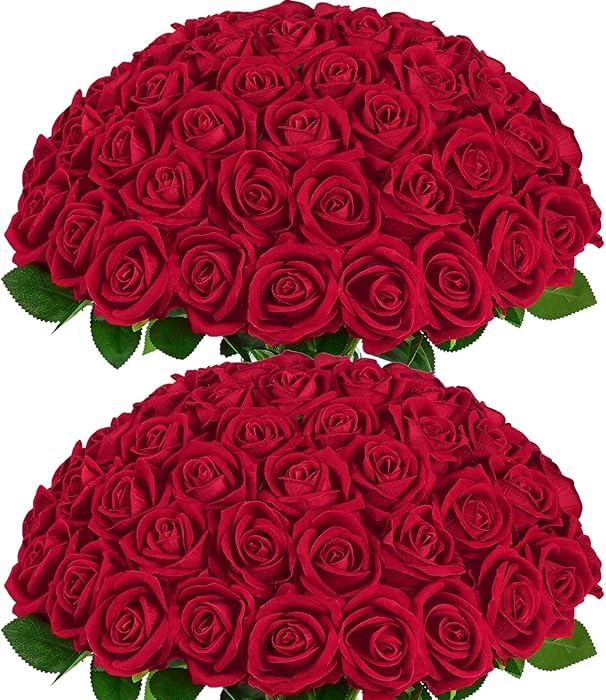 BLEUM CADE 50 Pcs Red Roses Artificial Flowers, Real Touch Velvet Roses Fake Flowers Bulk, Artifi... | Amazon (US)