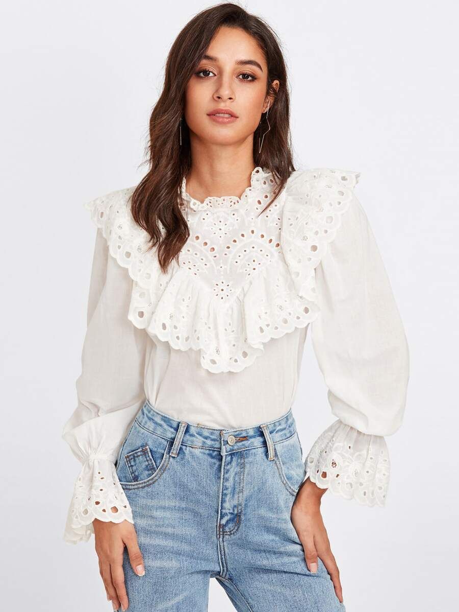 Eyelet Embroidered Ruffle And Bell Cuff Blouse | SHEIN