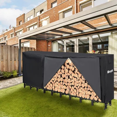 Outdoor Firewood Rack with Waterproof Cover, Heavy Duty Steel Log Storage Rack with Air Vent & Handles, Large Capacity Wood Holder for Patio Backyard | Wayfair North America