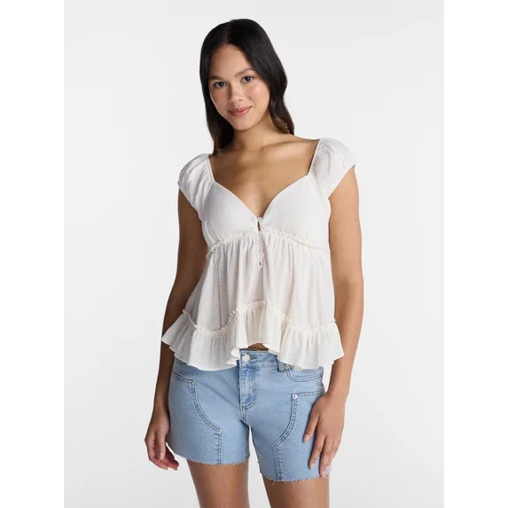 No Boundaries Boho Woven Babydoll Top, Women's XXS-XXL | Walmart (US)