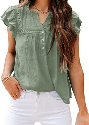 Women's V Neck Lace Crochet Shirts Button Down Short Sleeve Casual Blouse Tops | Amazon (US)