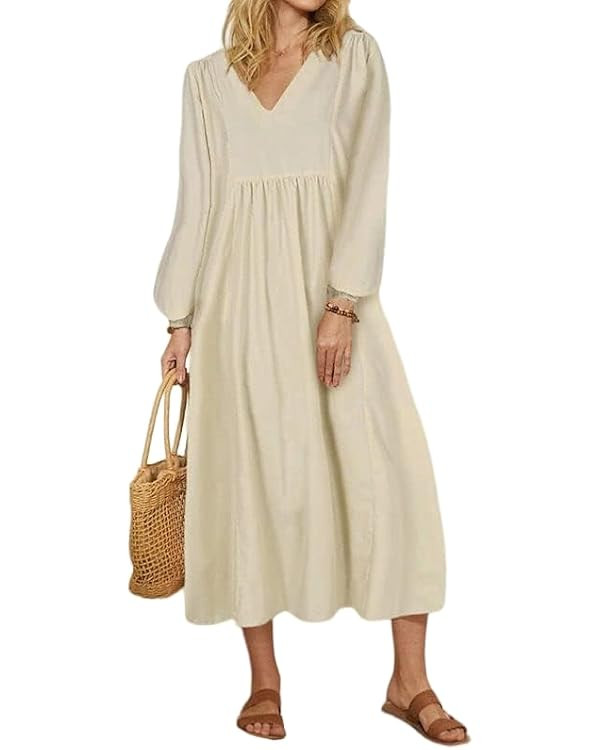 Womens Loose V Neck Cotton Linen Dress Casual Lantern Sleeve Maxi Dress 2023 Fall High Waist Flow... | Amazon (US)