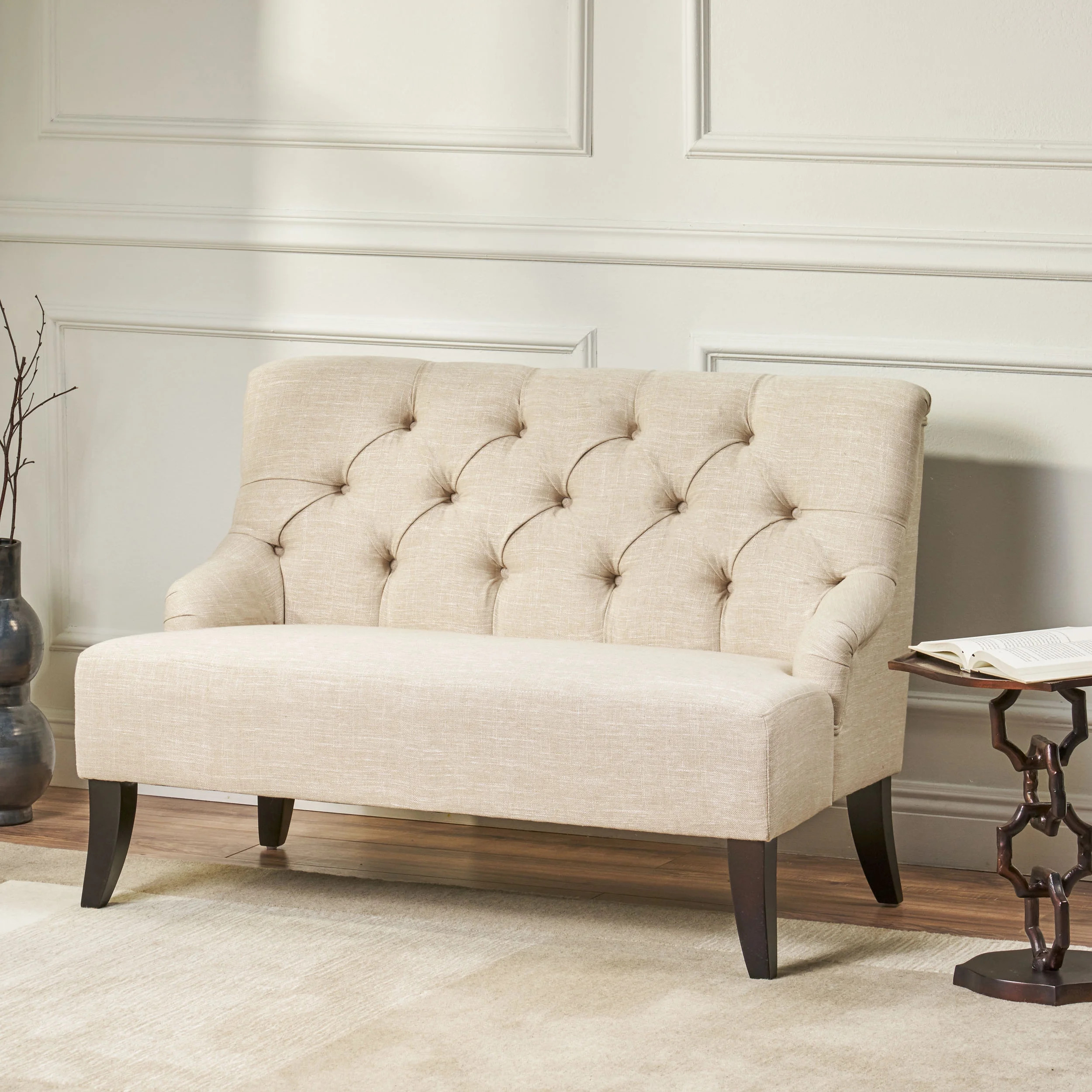 Nicoletta Contemporary Tufted Fabric Settee, Light Gray and Dark Brown | Walmart (US)