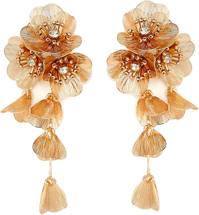 LUREME Big Golden Layered Floral Statement Necklace,Flower Dangle Earrings Boho Layered Floral Pe... | Amazon (US)