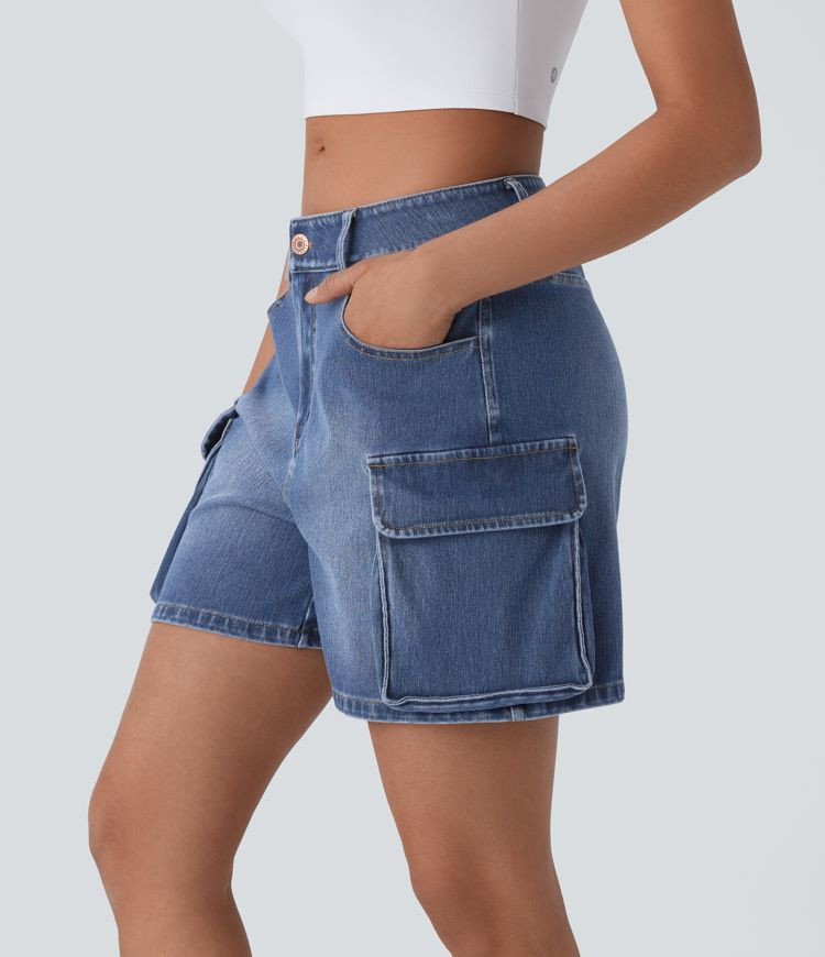 Women’s Halara Flex™ Low Rise Multiple Pockets Washed Stretchy Knit Denim Casual Cargo Shorts... | HALARA