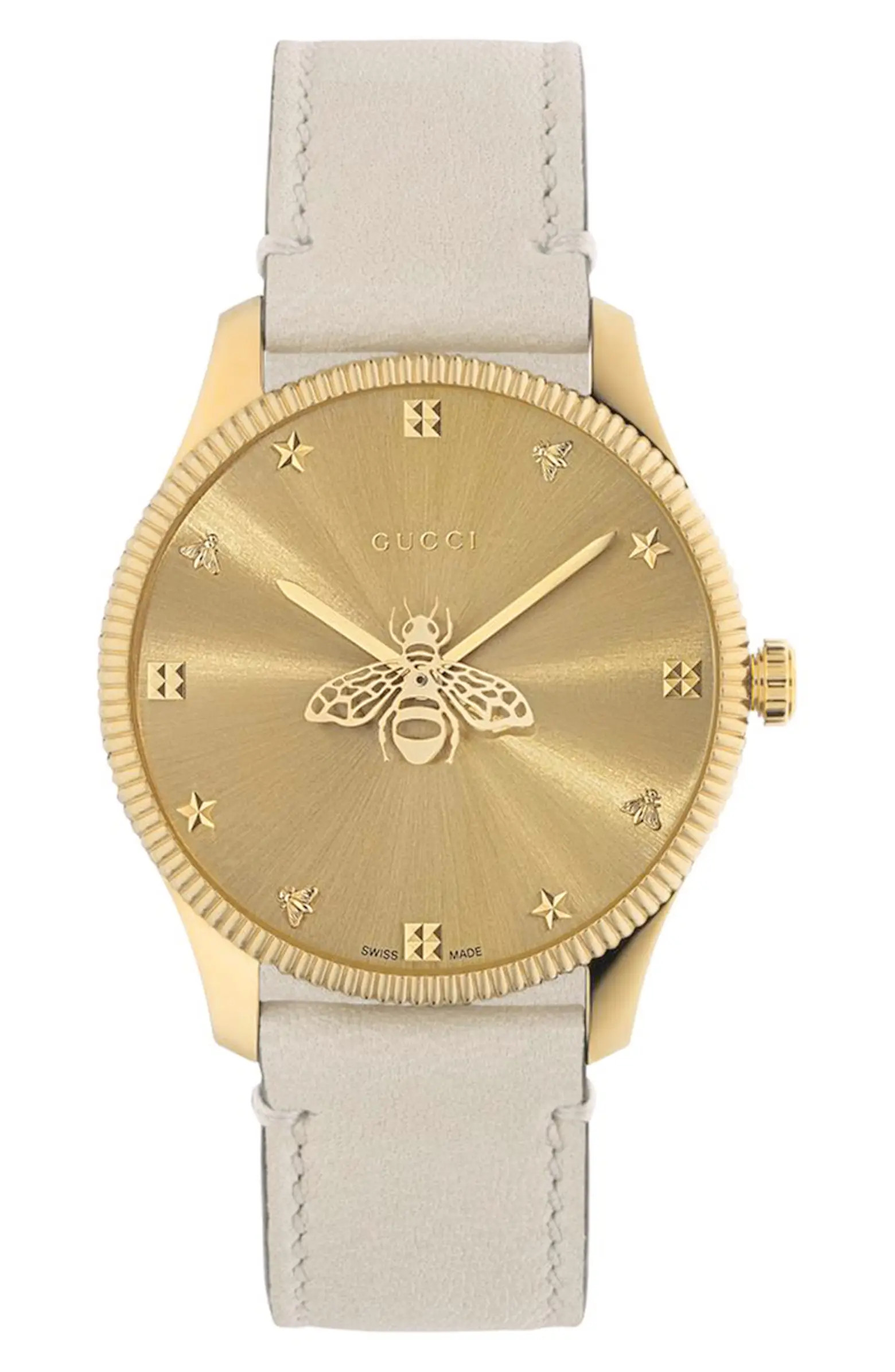G-Timeless Bee Leather Strap Watch, 36mm | Nordstrom