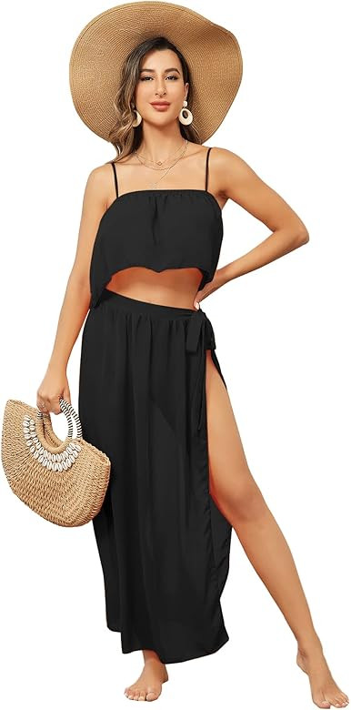 Verdusa Women's 2 Piece See Through Bandeau Top and Tie Side Long Skirt Cover Up Set | Amazon (US)