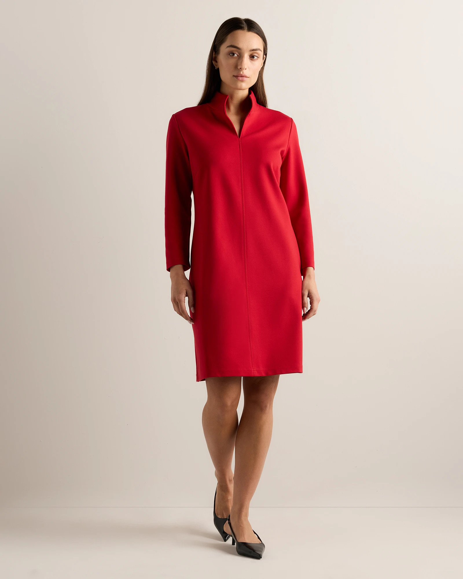 Ultra-Stretch Ponte Split Neck Mini Dress in Ruby Red | Quince