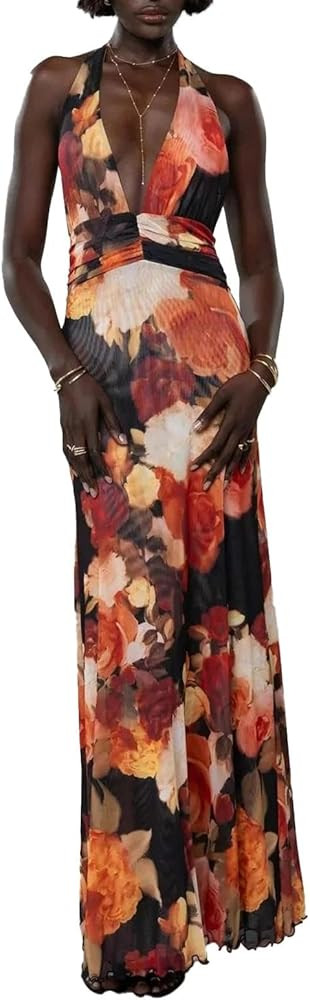 Women Halter Backless Dress Deep V Neck Open Back Mesh Maxi Dress Beach Vacation Wedding Guest | Amazon (US)