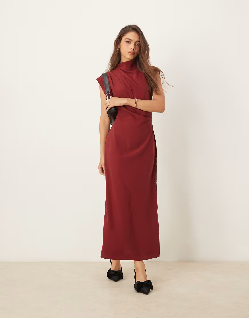 ASOS DESIGN high neck sleeveless midi dress with draped neck in burgundy-Red | ASOS (Global)
