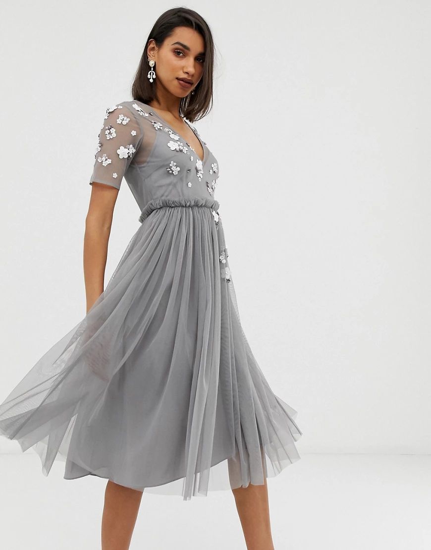 ASOS DESIGN T-Shirt midi dress with 3D scatter embellished and mesh skirt-Grey | ASOS (Global)