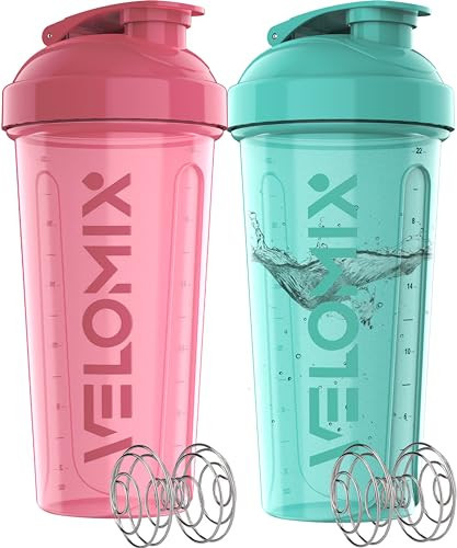 VELOMIX -2 Pack- 28 oz Protein Shaker Bottles for Protein Mixes - 2x Wire Whisk | Leak Proof Shaker Cups for Protein Shakes | Protein Shaker Bottle Pack (Pink/Turquise) | Amazon (US)
