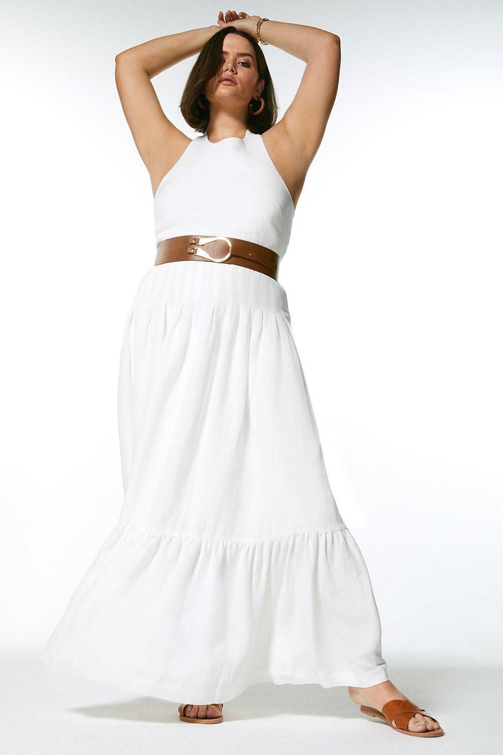 Curve Linen Blend Tiered Hem Belt Maxi Dress | Karen Millen UK & IE