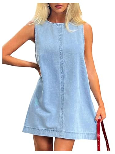 Milumia Women's A-Line Sleeveless Crew Neck Denim Dress Loose Casual Mini Jean Dresses | Amazon (US)