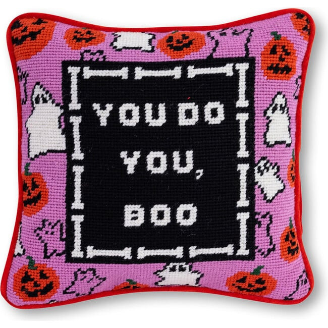 Boo Needlepoint Pillow, Pink, Black | Maisonette