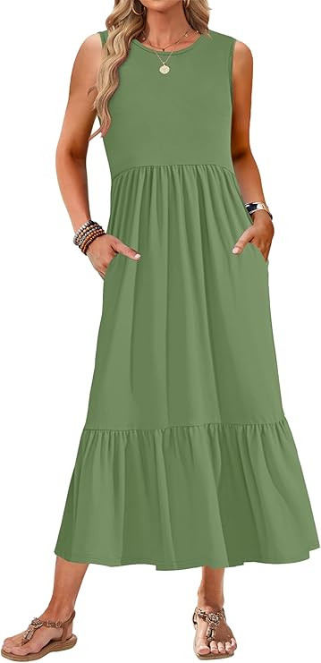 AUSELILY Womens Summer Dresses 2024 Sleeveless Maxi Dress Crewneck Casual Flowy Tiered Sundresses... | Amazon (US)