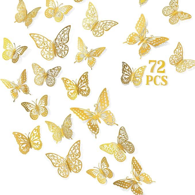 72 Pcs Butterfly Wall Decor Stickers, 6 Styles Gold Butterfly Decorations, 3 Sizes 3D Butterfly P... | Amazon (US)