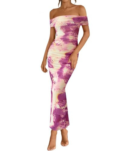 BTFBM Off Shoulder Bodycon Dresses for Women 2025 Summer Ruched Split Mesh Cocktail Party Club Floral Maxi Dress(Floral Purple, Large) | Amazon (US)