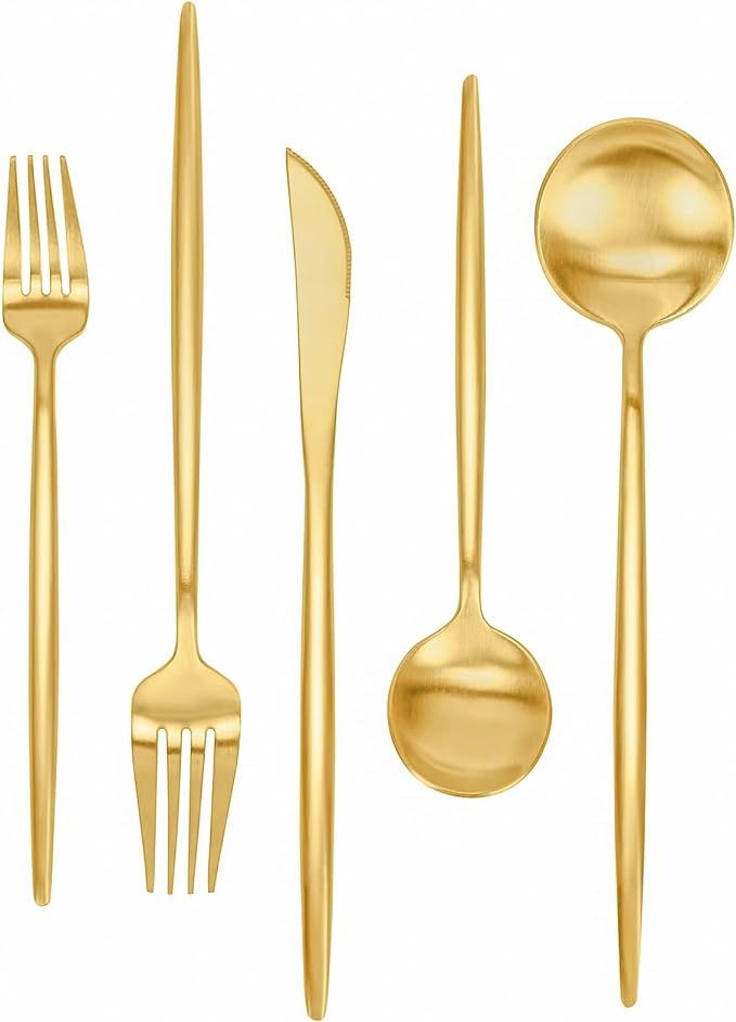 Matte Gold Silverware Set 30 Pieces, FAMEWARE Stainless Steel Flatware Set，Service for 6，Kit... | Amazon (US)