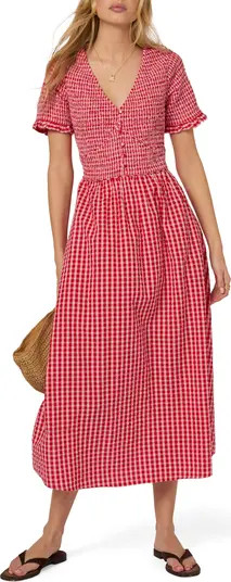 Eliza Gingham Smocked Bodice Organic Cotton Seersucker Midi Dress | Nordstrom