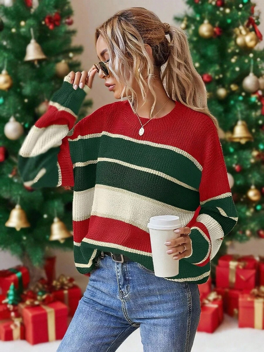 Calvaya Women's Latest Fashion Comfortable Christmas Color Block Pullover Sweater Fall Winter Clo... | SHEIN