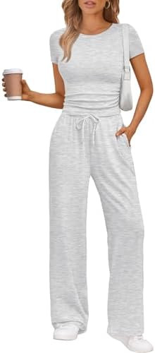 Trendy Queen 2 Piece Matching Summer Sweatsuit Lounge Set Womens Wide Leg Pants Side Ruching Crop... | Amazon (US)