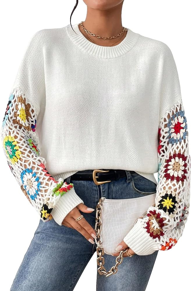 SHENHE Women's Crochet Floral Crew Neck Loose Fit Drop Shoulder Sweater Pullover Top | Amazon (US)