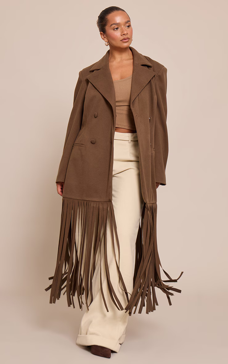 Shape Brown Wool Look Cinched Waist Fringe Hem Blazer | PrettyLittleThing US