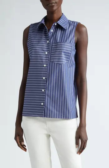 Lafayette 148 New York Stripe Sleeveless Cotton Poplin Button-Up Shirt | Nordstrom | Nordstrom