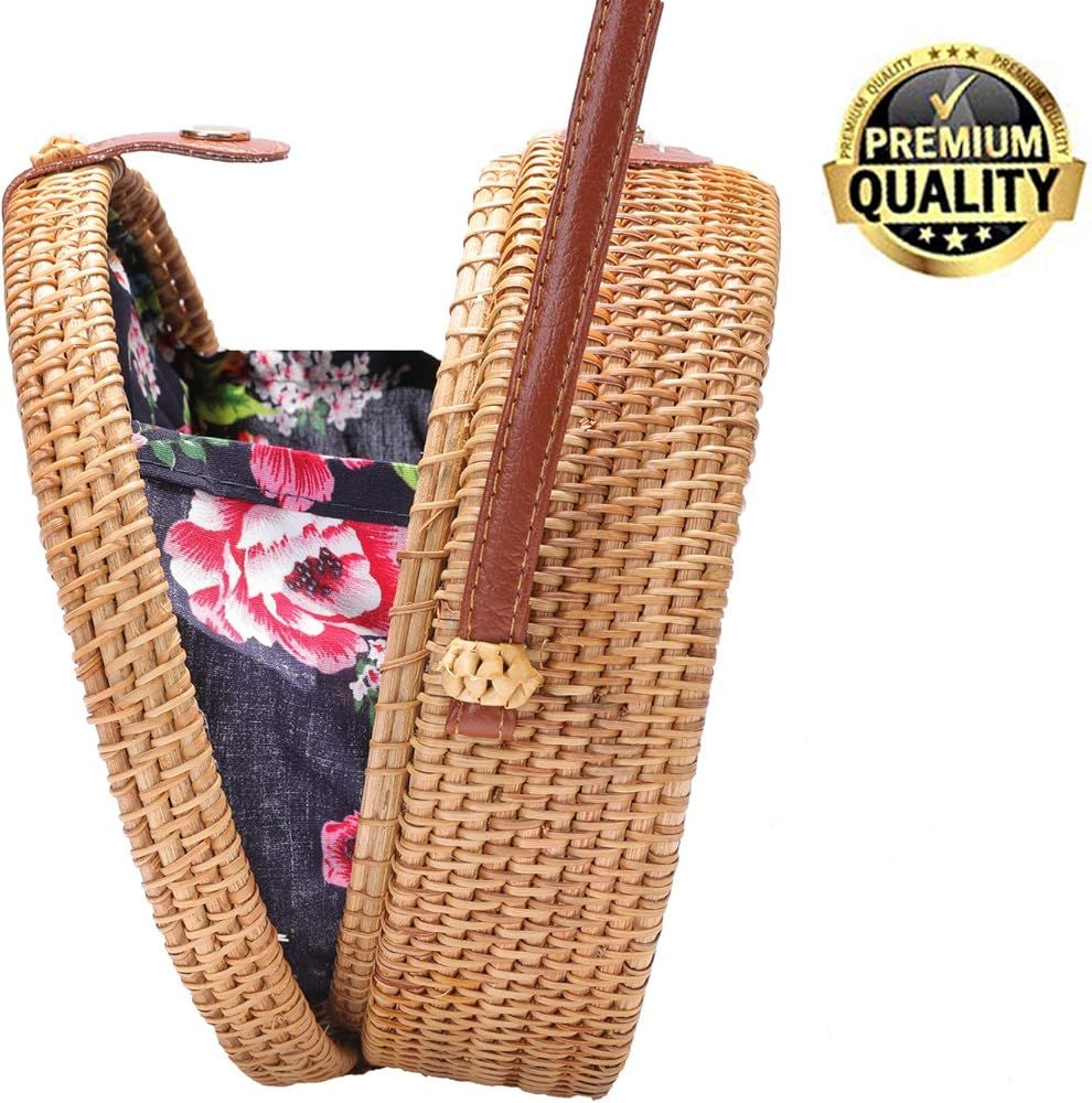 Handwoven Round Rattan Bag Shoulder Leather Straps Natural Chic Hand | Amazon (US)
