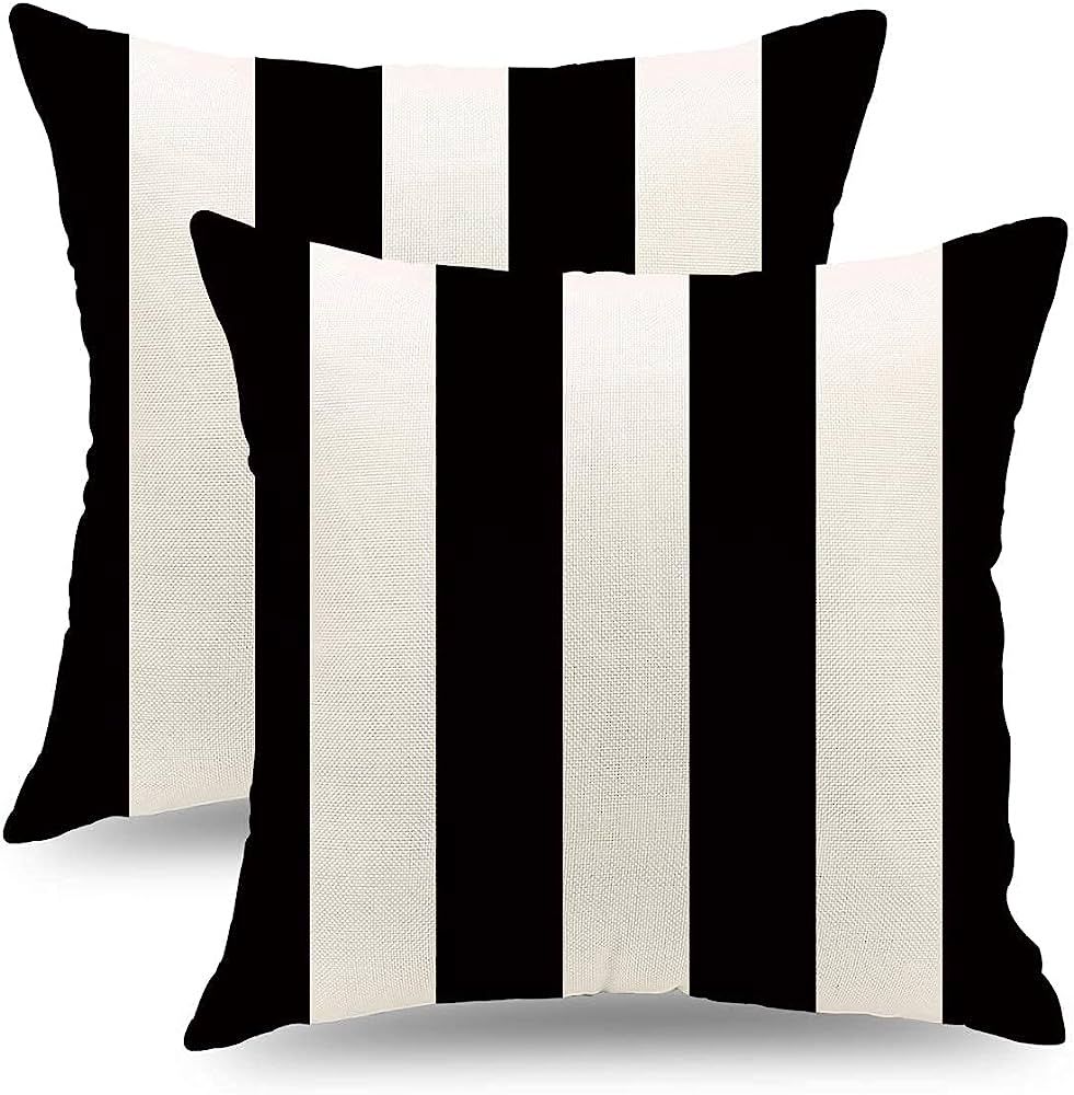 QIQIANY Set of 2 Striped Throw Pillow Covers 18x18 Inch Square Linen Black and White Striped Deco... | Amazon (US)
