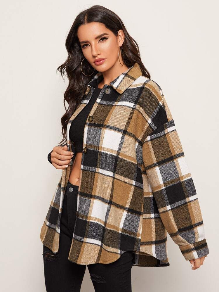 SHEIN Collared Single Breasted Curved Hem Plaid Coat | SHEIN