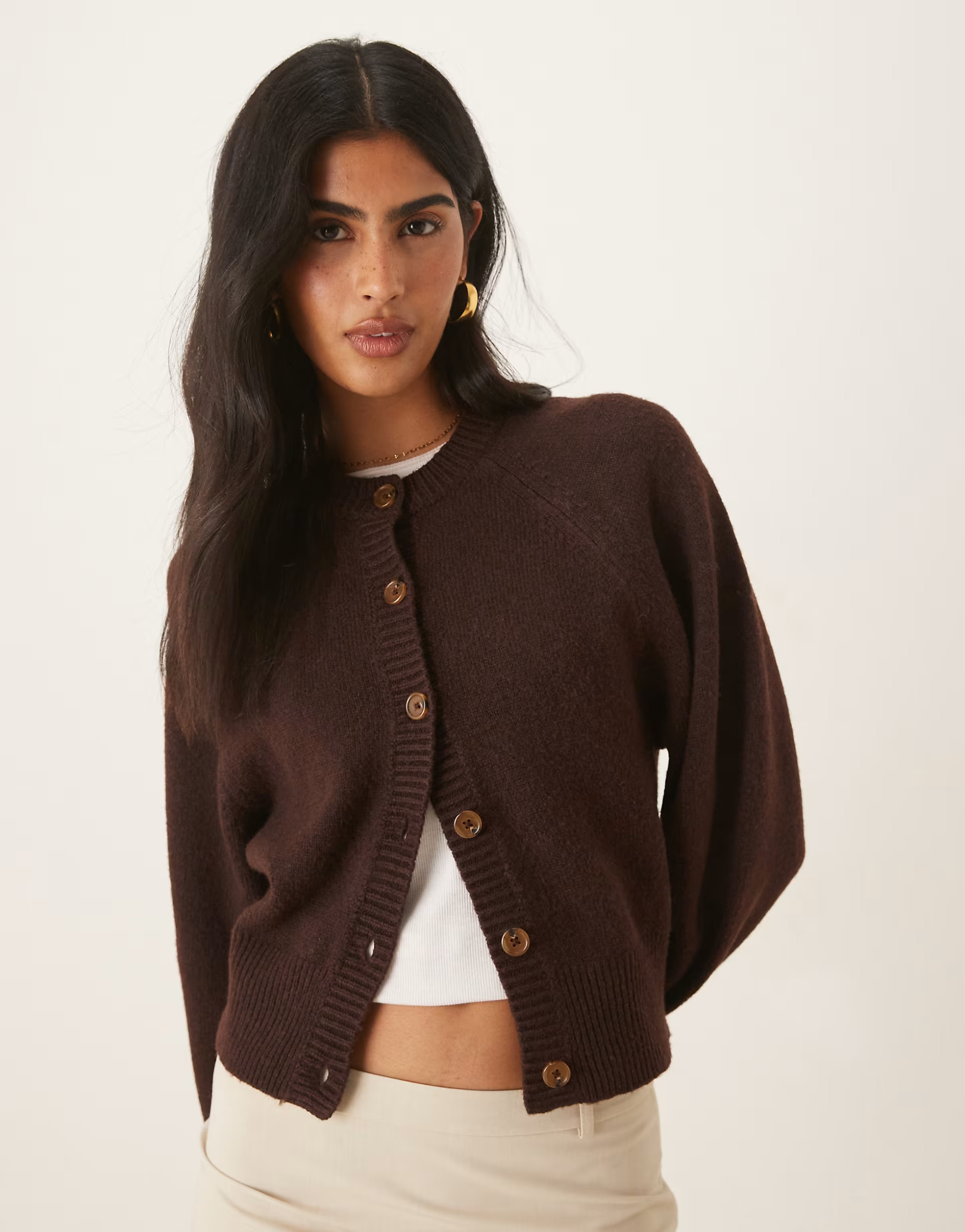 ASOS DESIGN crew neck cardigan with raglan sleeve detail in chocolate | ASOS | ASOS (Global)