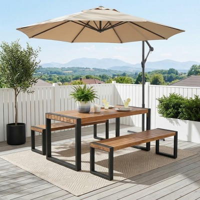 Whisen Weather-Resistant Outdoor Dining Table Set With 2 Benches, Patio Furniture Set With Unique Top Texture, Acacia Wood Top & Steel Frame - Natural | Target