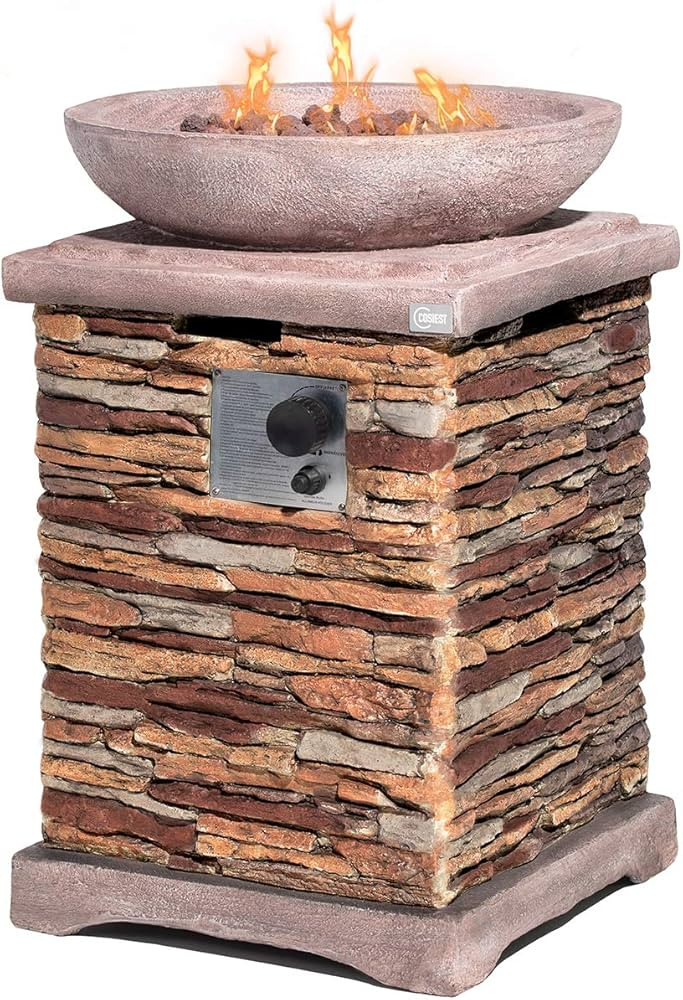 COSIEST Outdoor Propane Fire Pit Table w Faux Brown Compact Ledge Stone 20-inch Square Base and F... | Amazon (US)