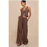 Brown Pinstriped Drawstring Wide Leg Pants | PrettyLittleThing US
