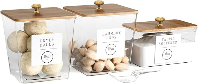 3 Pack Acrylic Laundry Room Organization Containers with Gold & Wood Knobs – Laundry Pods Conta... | Amazon (US)