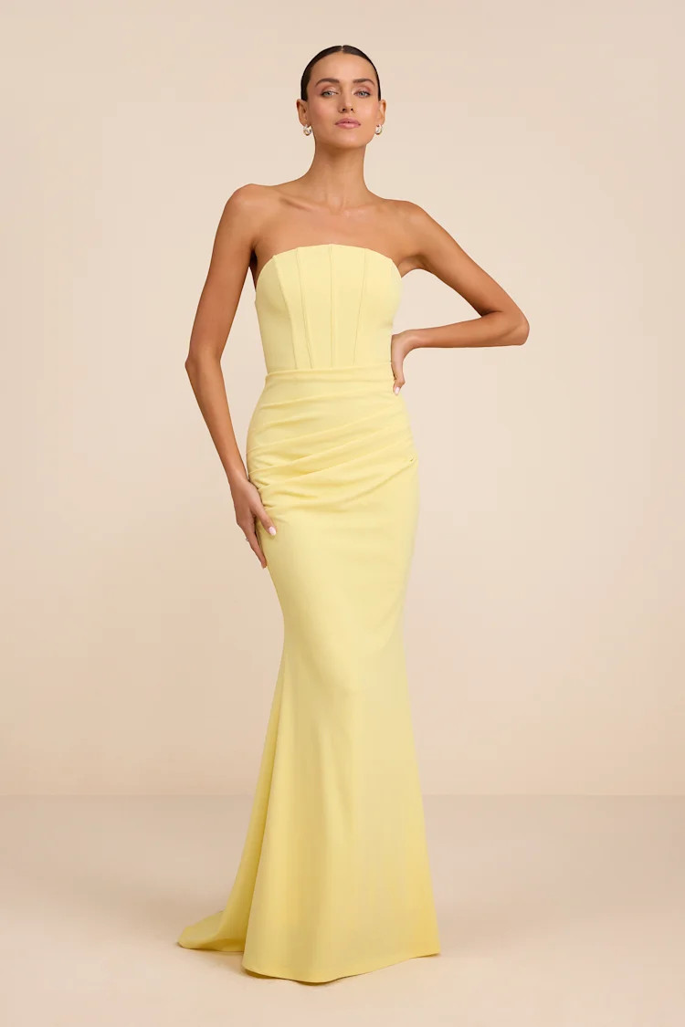 Laney Light Yellow Strapless Corset Maxi Dress | Lulus