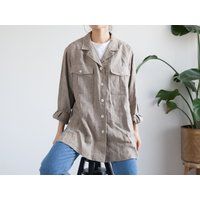 90S Minimal Beige Linen Button Down Shirt Blouse/Oversized Chore Large Pockets Size M-L | Etsy (US)
