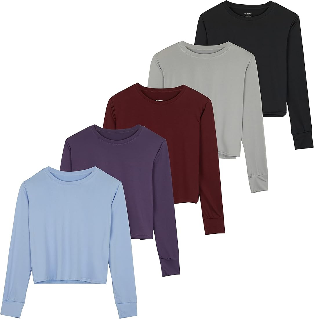 Real Essentials 5 Pack: Women's Dry Fit Crop Top - Long Sleeve Crew Neck Stretch Athletic Tee (Av... | Amazon (US)