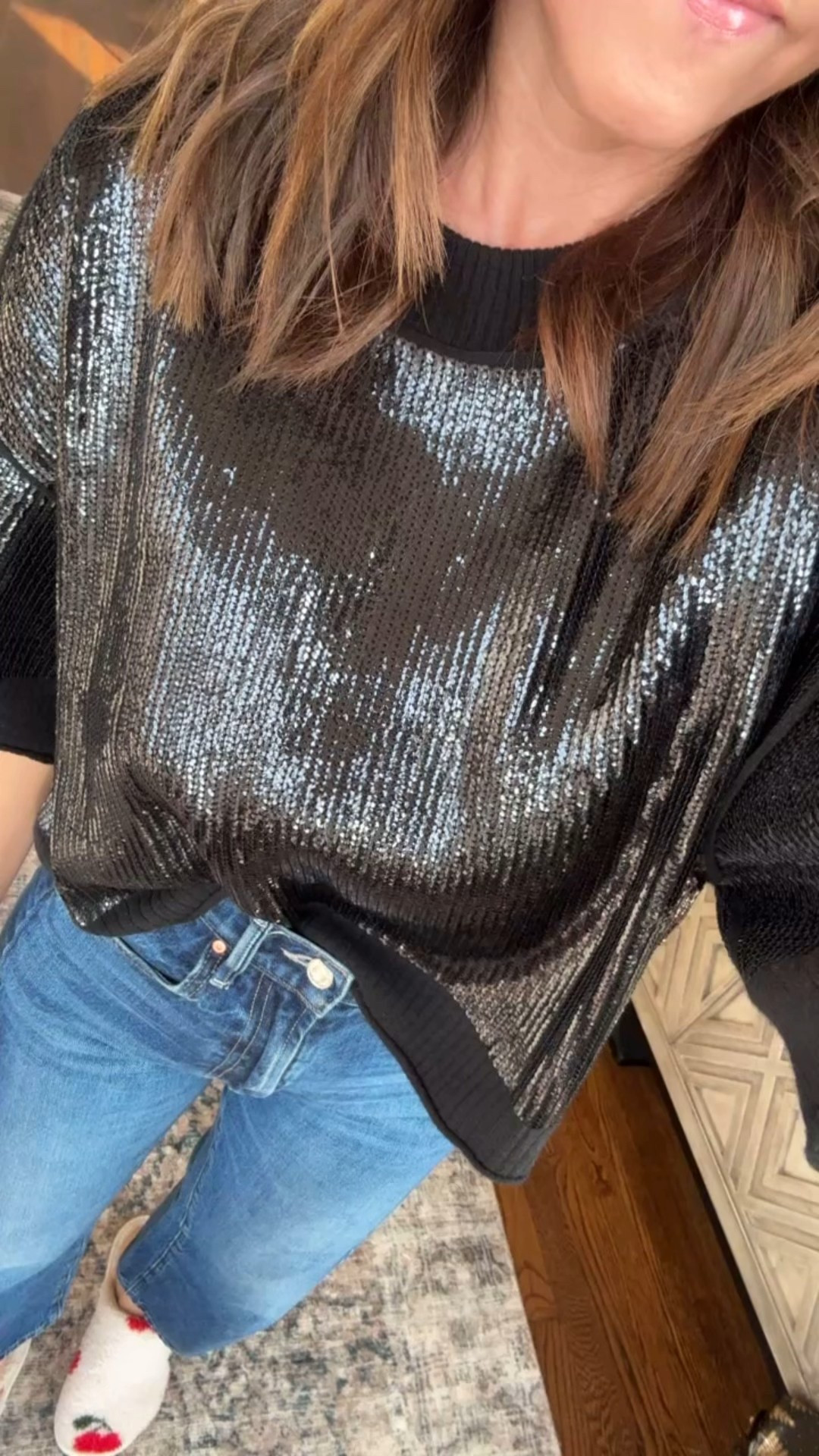 Christmas Eve. 
Sequins and slippers for our family gathering. 
Small sweater 
Jeans tts, 25 regular 

#LTKSeasonal #LTKSaleAlert #LTKHoliday