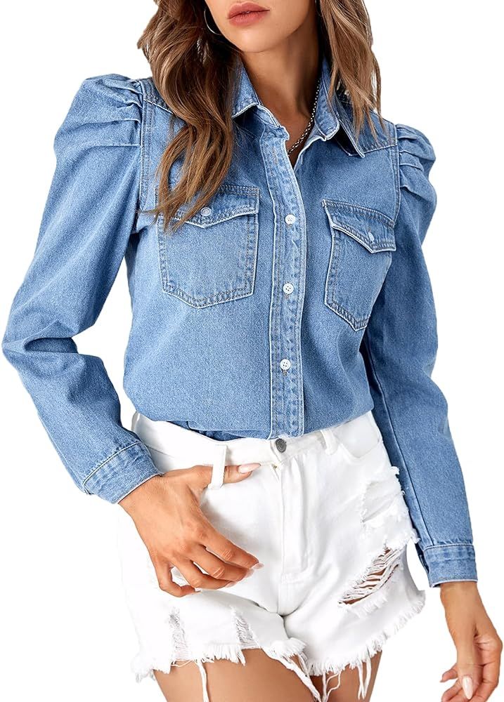Verdusa Women's Puff Long Sleeve Collar Button Up Denim Shirt Blouse Top with Flap Pocket | Amazon (US)