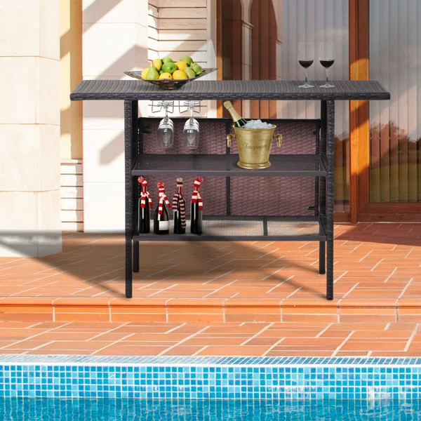 Antigo Outdoor Patio Wicker Bar Counter Table with 2 Steel Shelves and 2 Sets of Rails | Wayfair North America