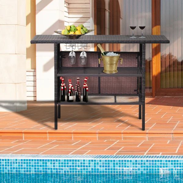 Antigo Outdoor Patio Wicker Bar Counter Table with 2 Steel Shelves and 2 Sets of Rails | Wayfair North America