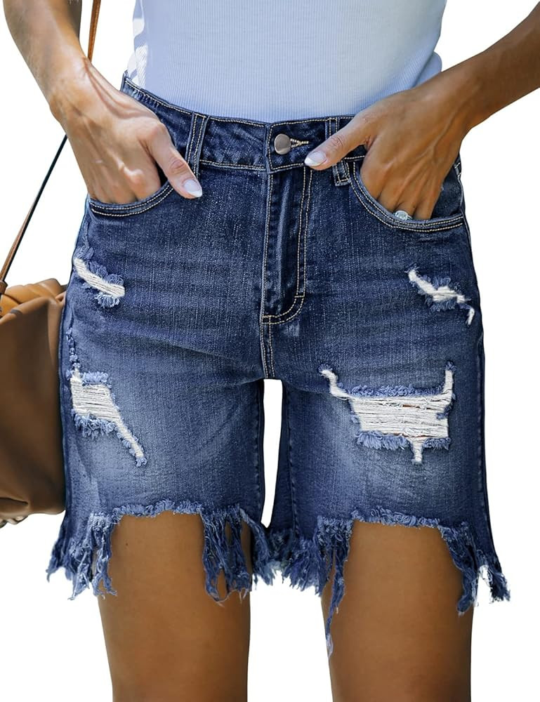 LookbookStore Women's High Waisted Jean Shorts Distressed Ripped Denim Shorts Frayed Hem Casual Shor | Amazon (US)