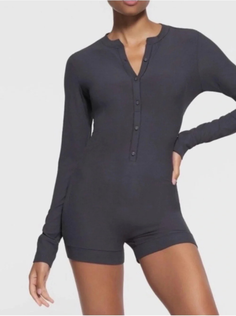 NWT SKIMS Soft Lounge Button Up Henley Lounge Onesie Romper Graphite | Poshmark