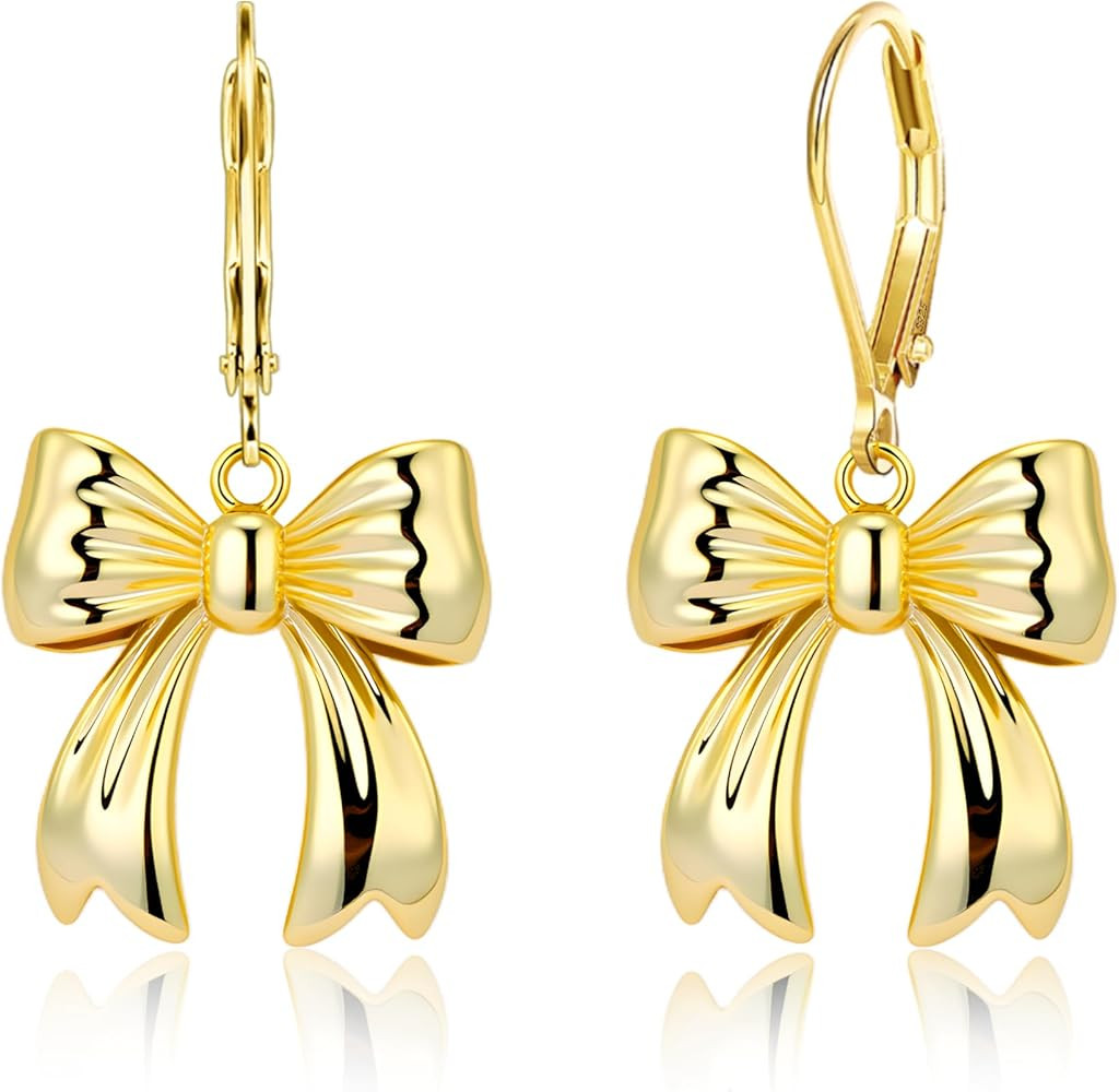 925 Sterling Silver Bow Dangle Earrings Hypoallergenic Leverback 14K Gold Plated Bow Dangle Earri... | Amazon (US)