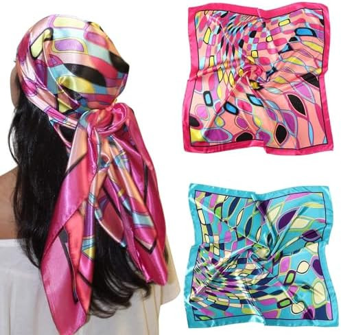 35” Large Satin Square Head Scarf - 2Pcs Silk Like Floral Head Scarves Square Satin Hair Scarf ... | Amazon (US)
