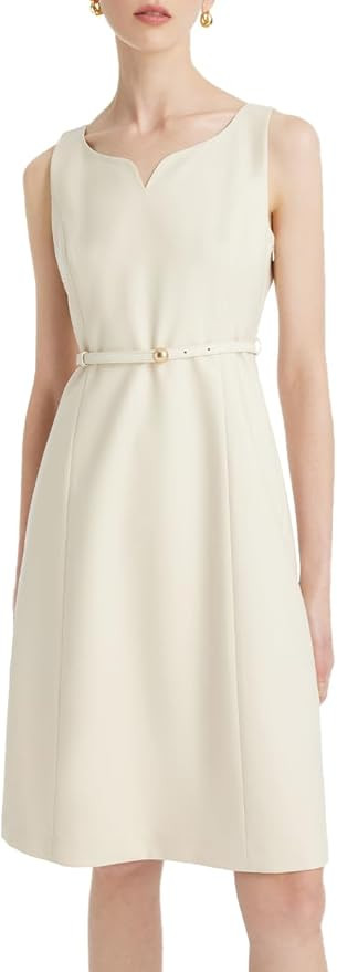 Women's Midi Dress with Belt Merino Wool Beige Sleeveless V Neck Office Work Party Suit Formal Dr... | Amazon (US)
