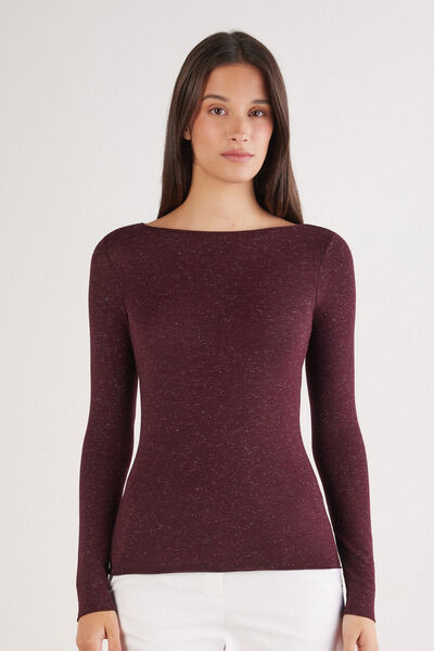 Intimissimi Crewneck Top in Modal Light with Cashmere Lamé Woman Burgundy Size S | Intimissimi (US)